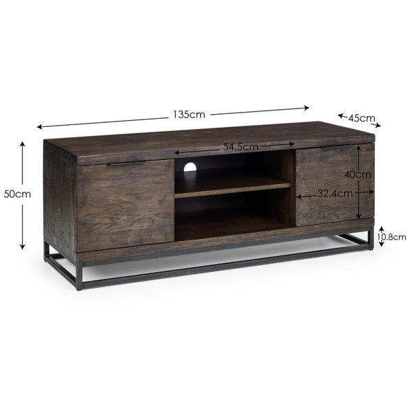 Julian Bowen Brooklyn Solid Oak TV Unit with Industrial Metal Legs, 2 Cupboards & Open Shelf, Rustic Dark Oak Entertainment Stand for TVs up to 55 Inches