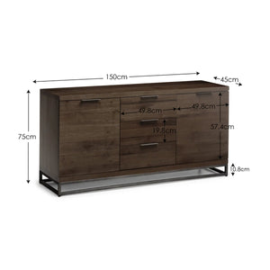 Julian Bowen Brooklyn Solid Oak Industrial Sideboard with 3 Drawers & 2 Door Storage – Dark Oak Finish