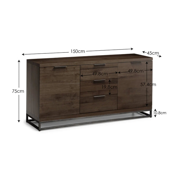 Julian Bowen Brooklyn Solid Oak Industrial Sideboard with 3 Drawers & 2 Door Storage – Dark Oak Finish