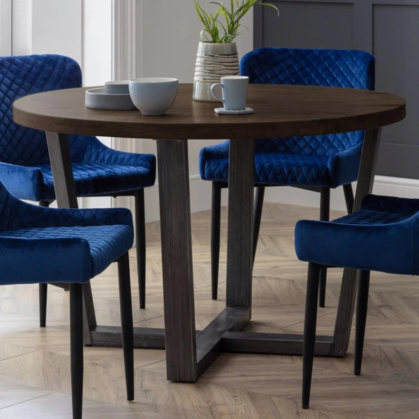 Julian Bowen Brooklyn Solid Oak Round Dining Table with Industrial Metal Trestle Legs, Dark Oak Finish, Seats 4