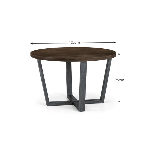 Julian Bowen Brooklyn Solid Oak Round Dining Table with Industrial Metal Trestle Legs, Dark Oak Finish, Seats 4