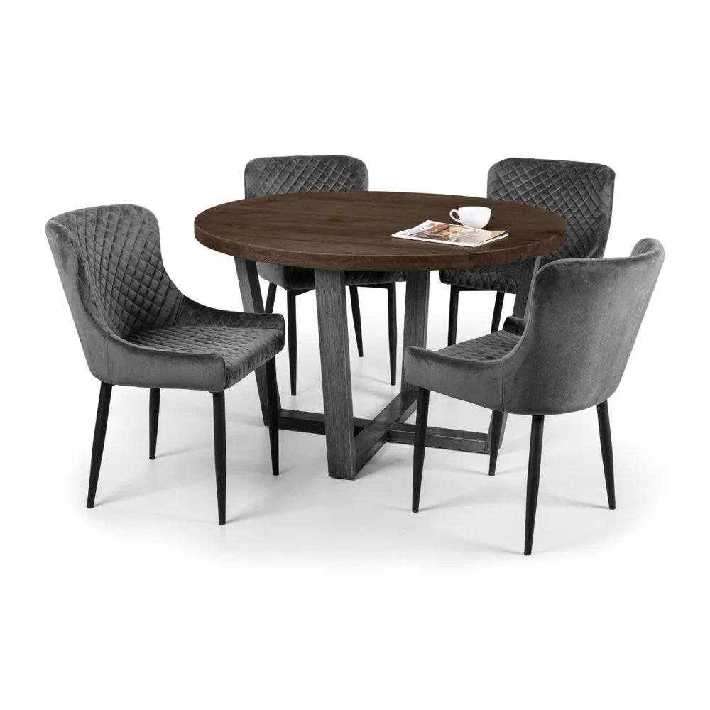 Julian Bowen Brooklyn Solid Oak Round Dining Table with Industrial Metal Trestle Legs, Dark Oak Finish, Seats 4