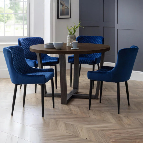 Julian Bowen Brooklyn Solid Oak Round Dining Table with Industrial Metal Trestle Legs, Dark Oak Finish, Seats 4