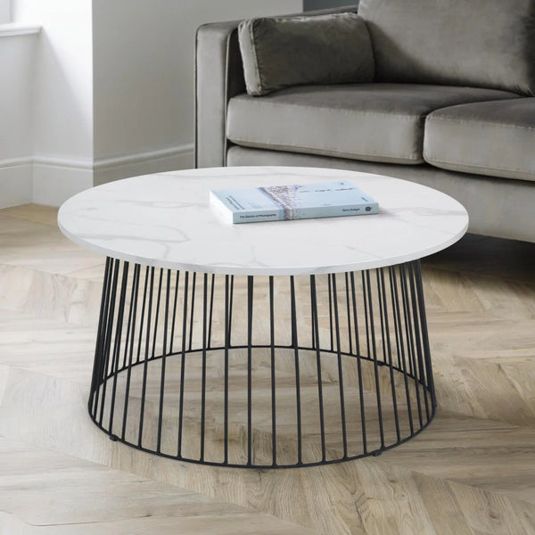 Julian Bowen Broadway Round Coffee Table with White Marble Effect Top & Black Metal Base – Modern Industrial Living Room Accent Table