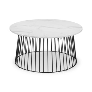 Julian Bowen Broadway Round Coffee Table with White Marble Effect Top & Black Metal Base – Modern Industrial Living Room Accent Table
