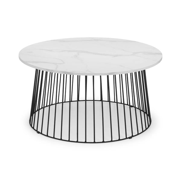 Julian Bowen Broadway Round Coffee Table with White Marble Effect Top & Black Metal Base – Modern Industrial Living Room Accent Table