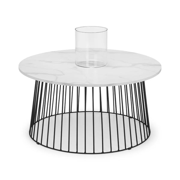 Julian Bowen Broadway Round Coffee Table with White Marble Effect Top & Black Metal Base – Modern Industrial Living Room Accent Table