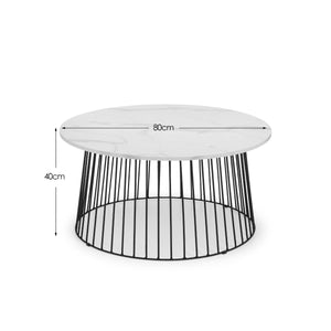 Julian Bowen Broadway Round Coffee Table with White Marble Effect Top & Black Metal Base – Modern Industrial Living Room Accent Table