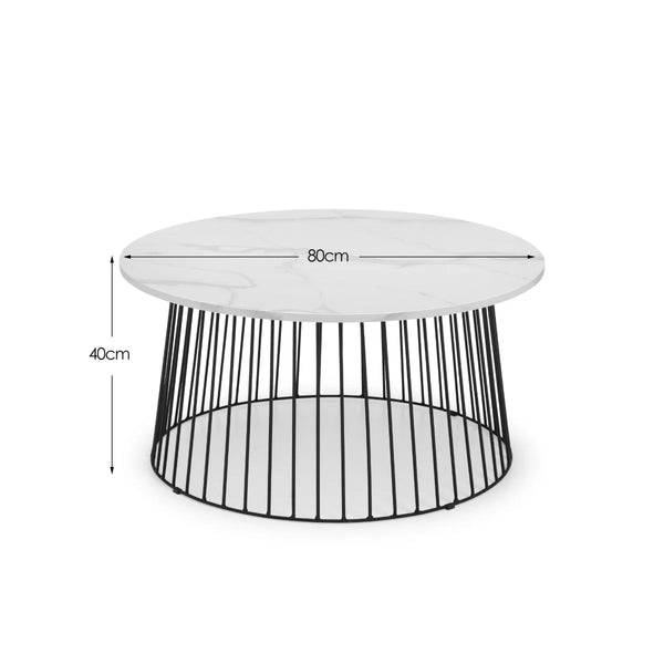 Julian Bowen Broadway Round Coffee Table with White Marble Effect Top & Black Metal Base – Modern Industrial Living Room Accent Table