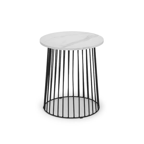 Julian Bowen Broadway Round White Marble Effect Lamp Table with Black Metal Frame – Modern Industrial Side Table for Living Room