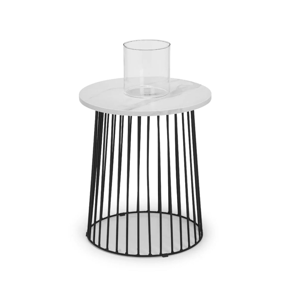 Julian Bowen Broadway Round White Marble Effect Lamp Table with Black Metal Frame – Modern Industrial Side Table for Living Room