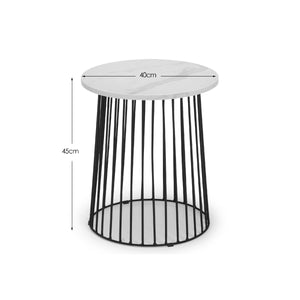Julian Bowen Broadway Round White Marble Effect Lamp Table with Black Metal Frame – Modern Industrial Side Table for Living Room