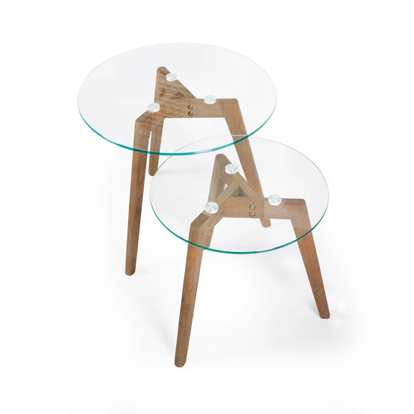Julian Bowen Bryant Nest of 2 Round Glass Side Tables with Solid Oak Tripod Base