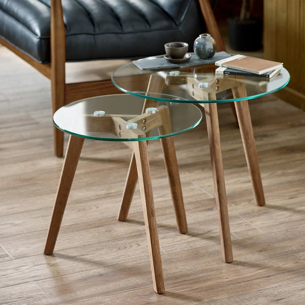 Julian Bowen Bryant Nest of 2 Round Glass Side Tables with Solid Oak Tripod Base