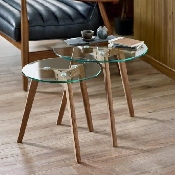 Julian Bowen Bryant Nest of 2 Round Glass Side Tables with Solid Oak Tripod Base