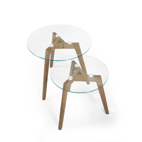 Julian Bowen Bryant Nest of 2 Round Glass Side Tables with Solid Oak Tripod Base