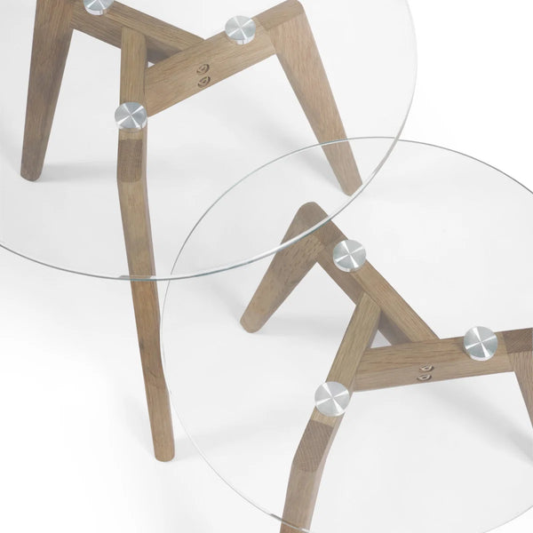 Julian Bowen Bryant Nest of 2 Round Glass Side Tables with Solid Oak Tripod Base