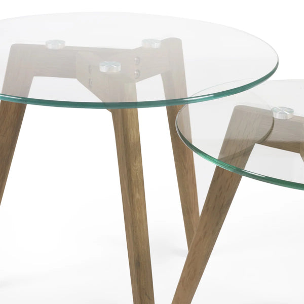 Julian Bowen Bryant Nest of 2 Round Glass Side Tables with Solid Oak Tripod Base