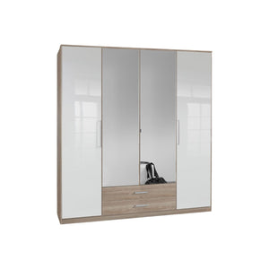 Anzo 4 Door Wardrobe in White Gloss & Oak Effect – Modern Bedroom Storage with Shelves & Hanging Rails, 199cm H x 180cm W x 58cm D - My Store