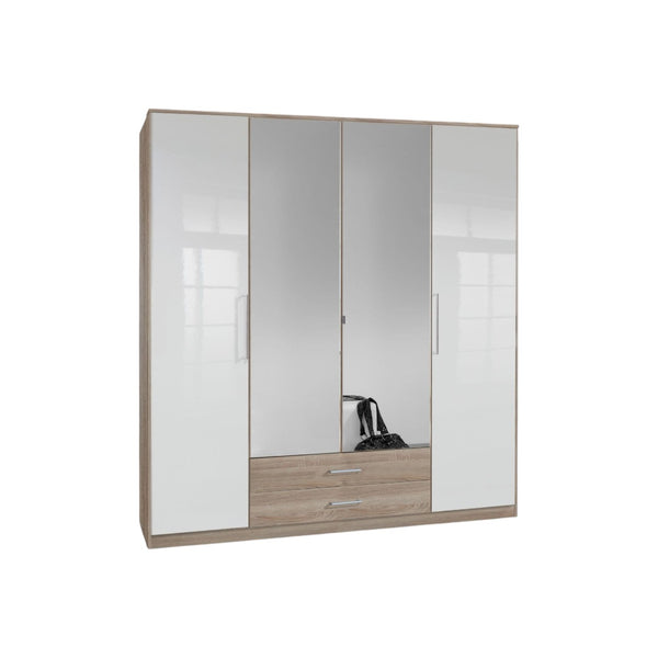 Anzo 4 Door Wardrobe in White Gloss & Oak Effect – Modern Bedroom Storage with Shelves & Hanging Rails, 199cm H x 180cm W x 58cm D - My Store