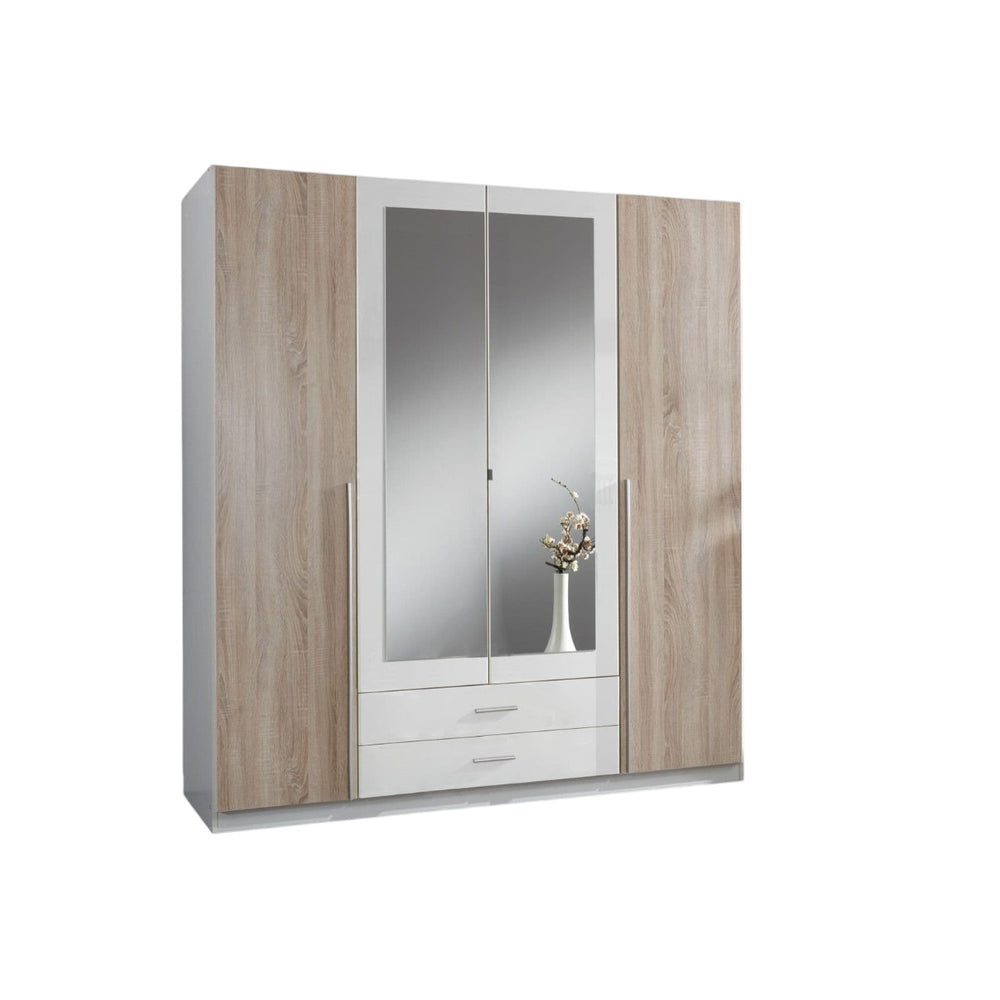 Artic White & Oak Effect 4-Door 2-Drawer Wardrobe with Mirrored Doors – Modern Bedroom Storage Cabinet, 180cm Wide - My Store