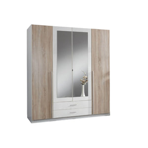 Artic White & Oak Effect 4-Door 2-Drawer Wardrobe with Mirrored Doors – Modern Bedroom Storage Cabinet, 180cm Wide - My Store