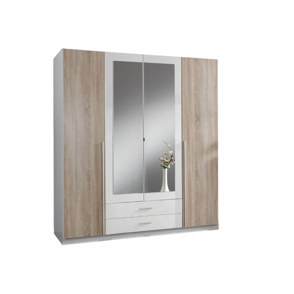 Artic White & Oak Effect 4-Door 2-Drawer Wardrobe with Mirrored Doors – Modern Bedroom Storage Cabinet, 180cm Wide - My Store