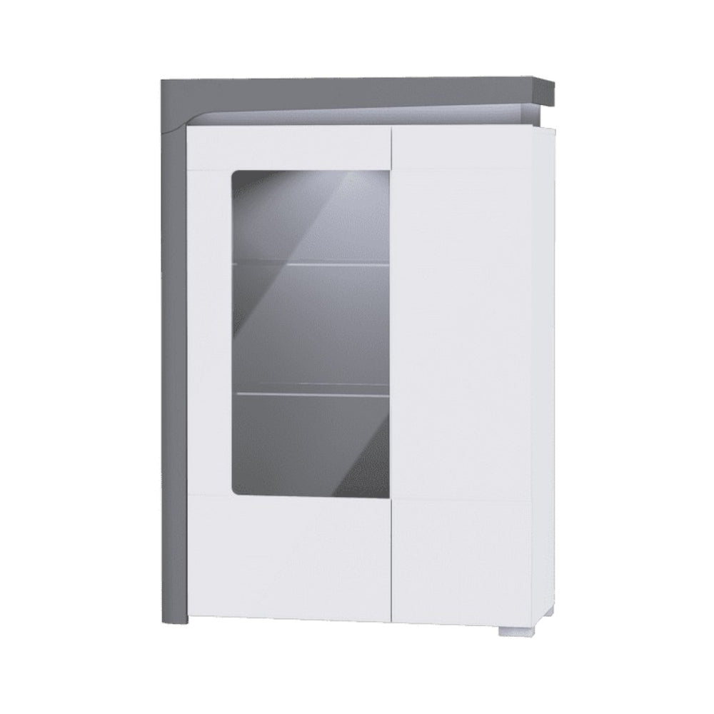 Athens Grey & White Gloss Low Display Cabinet with LED Lighting, 2 Glass Shelves & Doors – Modern Storage Unit, 148.5cm H x 102cm W x 42.8cm D - My Store