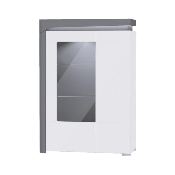 Athens Grey & White Gloss Low Display Cabinet with LED Lighting, 2 Glass Shelves & Doors – Modern Storage Unit, 148.5cm H x 102cm W x 42.8cm D - My Store