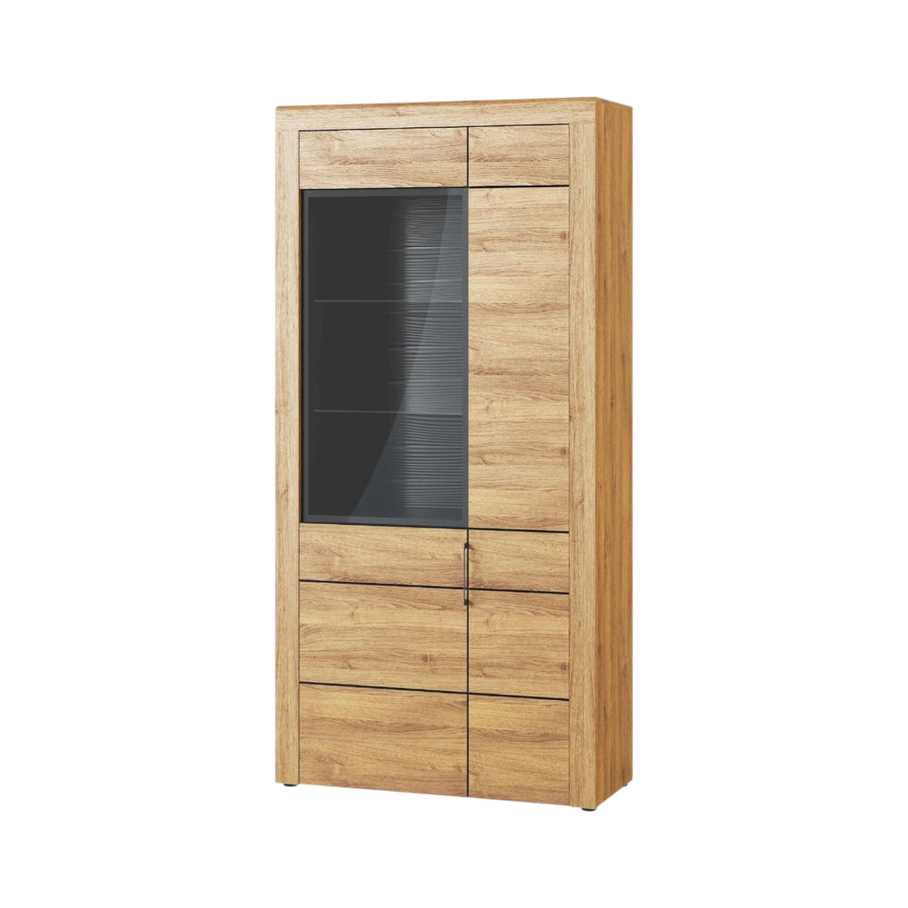 Camar Large 2-Door Display Cabinet in Camargue Oak Effect with LED Lighting & Black Metal Handles – Modern Curved-Edge Storage Unit - My Store