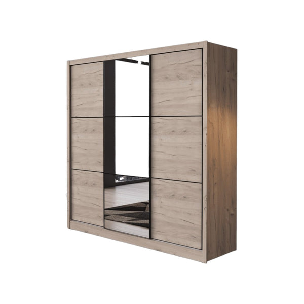 Navara Oak Effect Sliding Door Wardrobe with Mirror – 236cm Wide, 216cm High, 60cm Deep, Modern Bedroom Storage - My Store