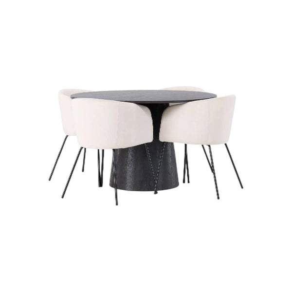 Berit & Lanzo Dining Set | Round 120cm Table with 4 Beige Velvet Chairs