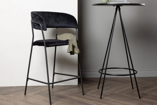 Lui Bar Chair Set of 2 | Black Velvet Upholstery with Steel Legs, Modern Bar Stools