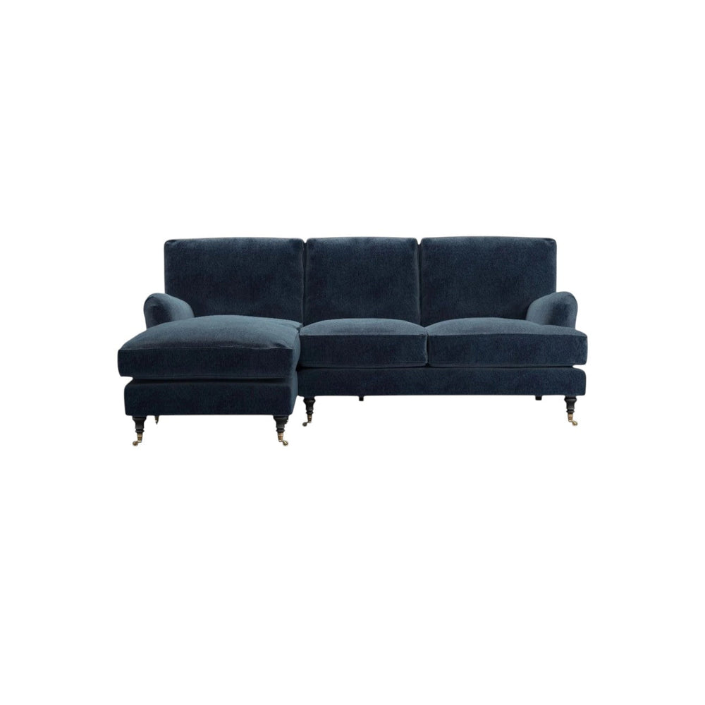 Bluebell Classic Chaise Sofa with wooden legs and feather cushions in traditional UK living room setting