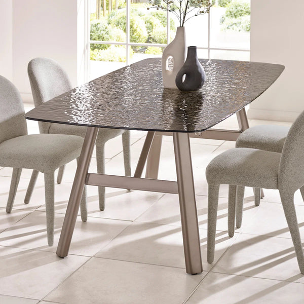 Callisto Smoked Bubble Glass Dining Table with Brushed Bronze Metal Legs – Seats 6 – 200cm