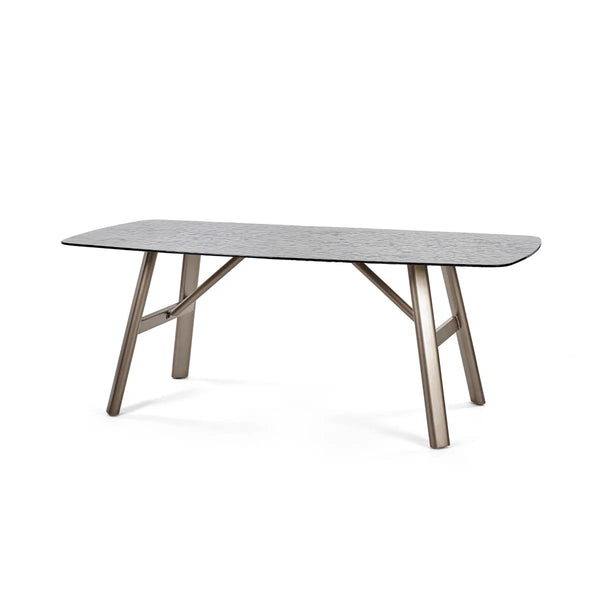 Callisto Smoked Bubble Glass Dining Table with Brushed Bronze Metal Legs – Seats 6 – 200cm