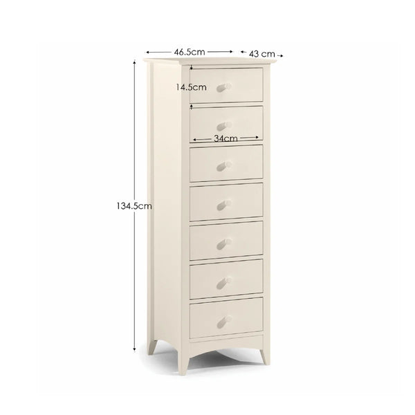 Julian Bowen Cameo 7 Drawer Narrow Chest in Stone White – Tall Shaker Style Bedroom Storage Chest with Solid Pine Frame