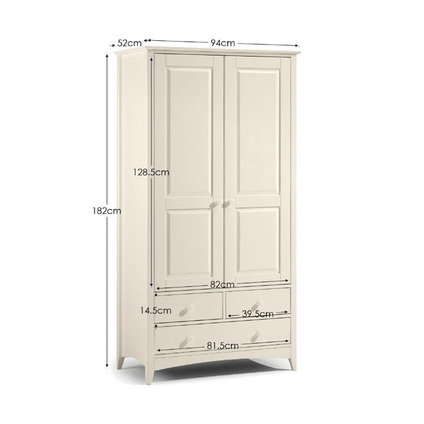 Julian Bowen Cameo Stone White Combination Wardrobe with 2 Doors, 3 Drawers & Hanging Rail – Shaker Style Bedroom Storage Cabinet