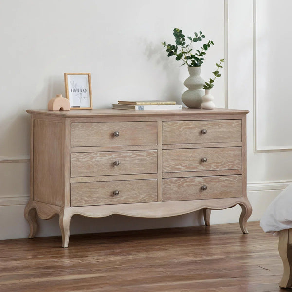 Julian Bowen Camille 6 Drawer Wide Chest of Drawers – Elegant French Style Bedroom Storage Cabinet with Ornate Detailing, Spacious 6-Drawer Wooden Chest, White Finish