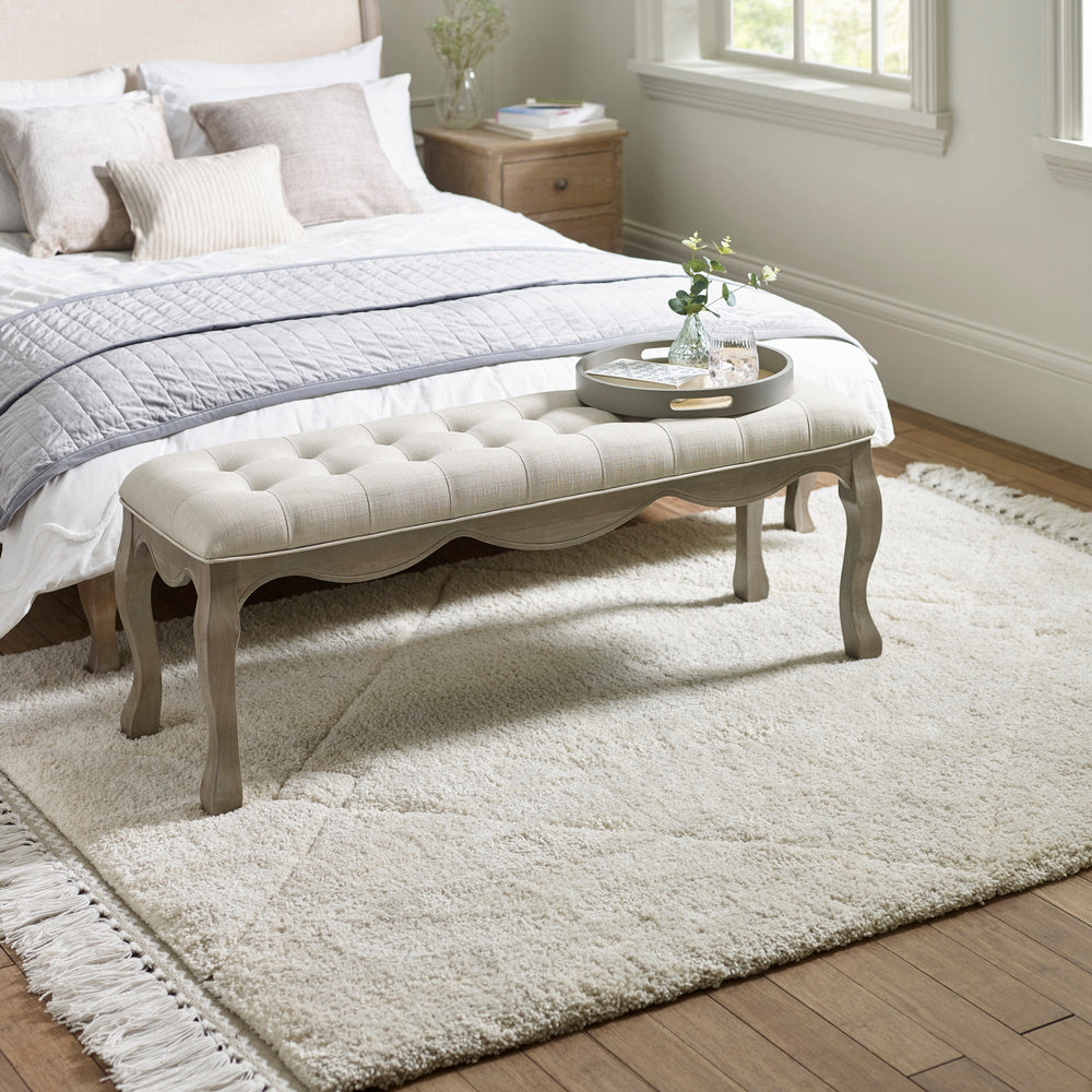 Julian Bowen Camille Upholstered Bench in Oatmeal Linen – 130cm Button-Tufted Dining & Bedroom Bench with Limed Oak Legs - Sleek Furniture