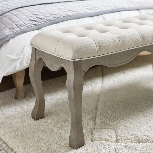 Julian Bowen Camille Upholstered Bench in Oatmeal Linen – 130cm Button-Tufted Dining & Bedroom Bench with Limed Oak Legs - Sleek Furniture