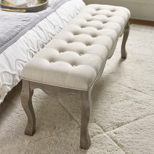 Julian Bowen Camille Upholstered Bench in Oatmeal Linen – 130cm Button-Tufted Dining & Bedroom Bench with Limed Oak Legs - Sleek Furniture