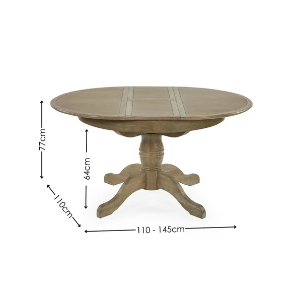 Julian Bowen Camille Round Extending Dining Table in Limed Oak – 110-145cm Extendable Pedestal Dining Table