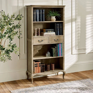 Camille French Style Lime Washed Oak Tall Bookcase with Drawers – 180cm Wooden Display Shelving Unit