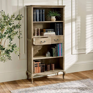 Camille French Style Lime Washed Oak Tall Bookcase with Drawers – 180cm Wooden Display Shelving Unit