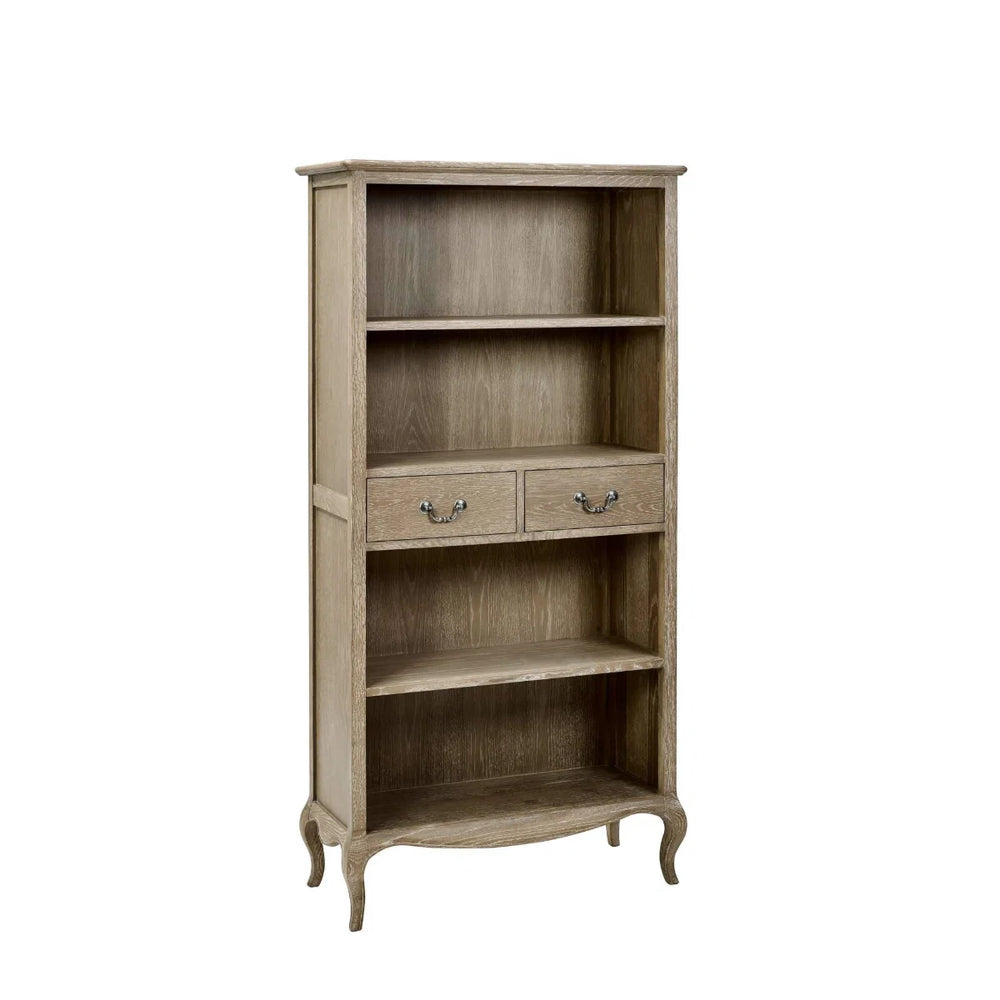 Camille French Style Lime Washed Oak Tall Bookcase with Drawers – 180cm Wooden Display Shelving Unit