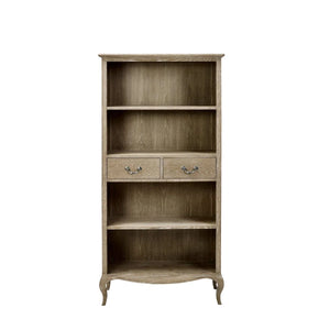 Camille French Style Lime Washed Oak Tall Bookcase with Drawers – 180cm Wooden Display Shelving Unit