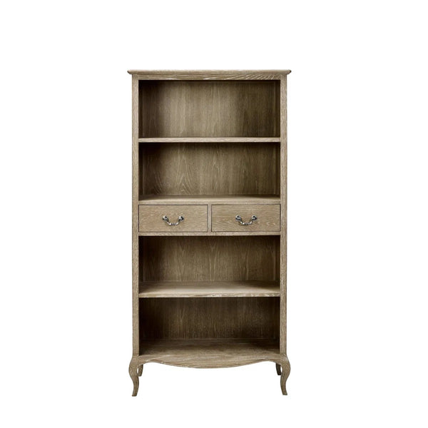 Camille French Style Lime Washed Oak Tall Bookcase with Drawers – 180cm Wooden Display Shelving Unit