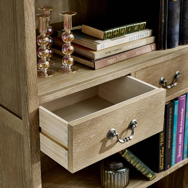 Camille French Style Lime Washed Oak Tall Bookcase with Drawers – 180cm Wooden Display Shelving Unit