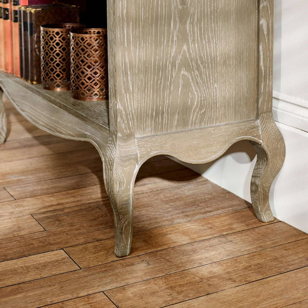 Camille French Style Lime Washed Oak Tall Bookcase with Drawers – 180cm Wooden Display Shelving Unit